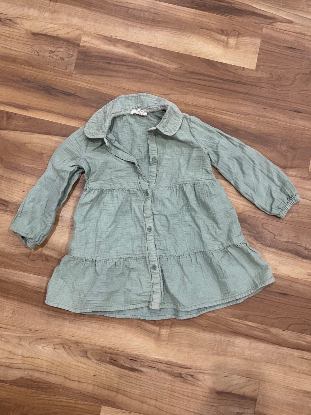 Open Edit Kids Tiered Long Sleeve Cotton Shirt Dress Green Lilypad Size 4